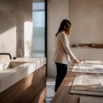 Guida al bagno beige e tortora con accenti materici