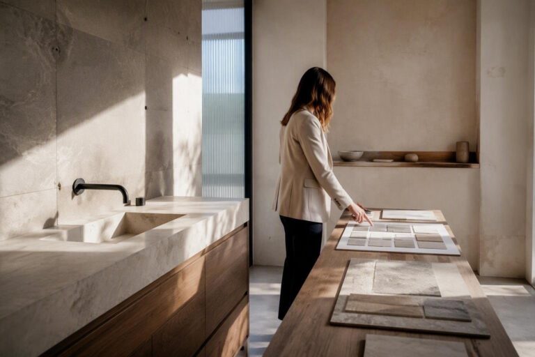 Guida al bagno beige e tortora con accenti materici