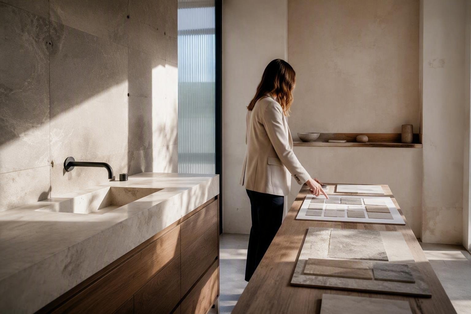 Guida al bagno beige e tortora con accenti materici
