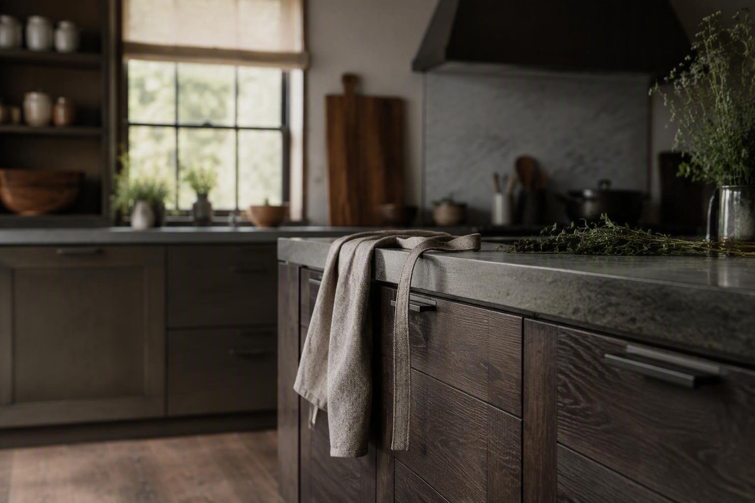 Palette calde per la cucina: legno, pietra e laccati matte