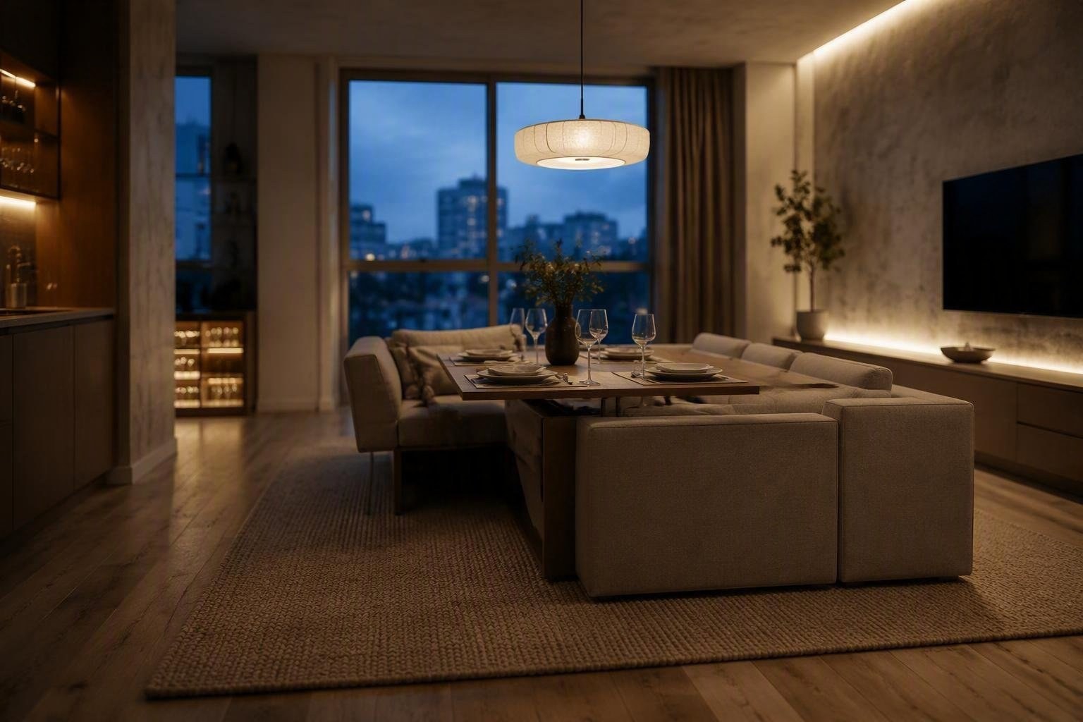 Zonizzare sala e pranzo con tappeti, illuminazione e arredi modulari
