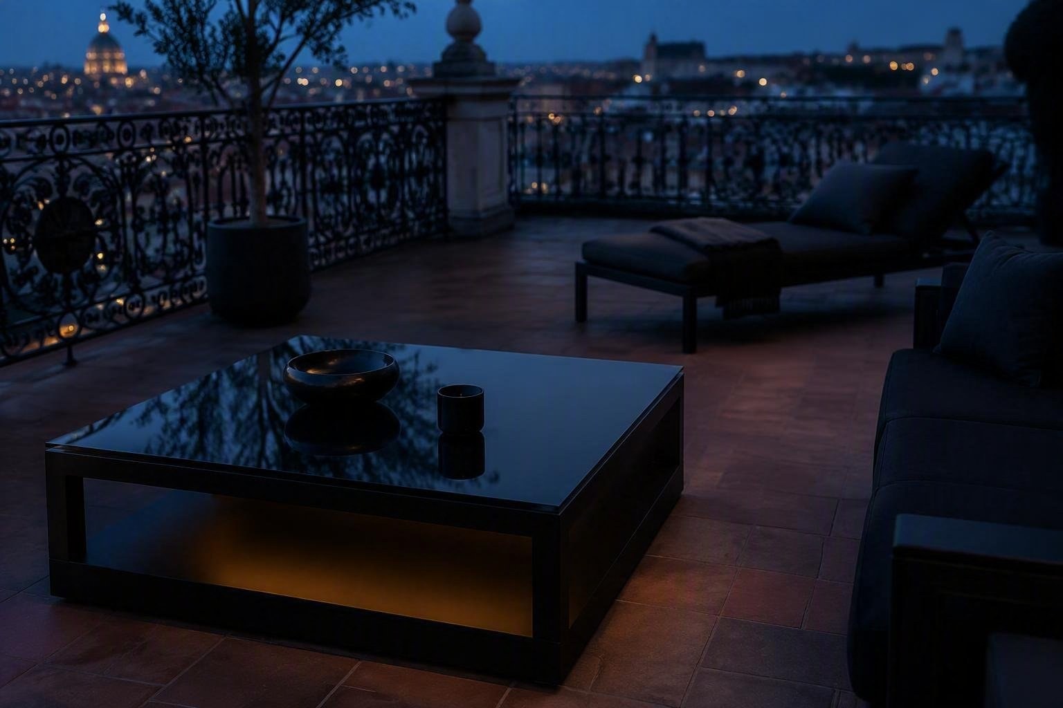 Nero outdoor sul terrazzo: proporzioni, materiali e luce