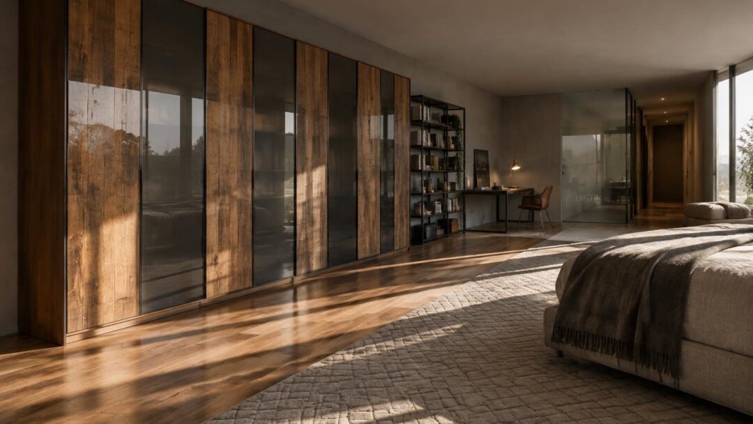 Armadio a 8 ante con finiture legno e specchio fumé