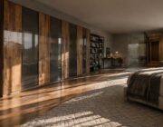 Armadio a 8 ante con finiture legno e specchio fumé