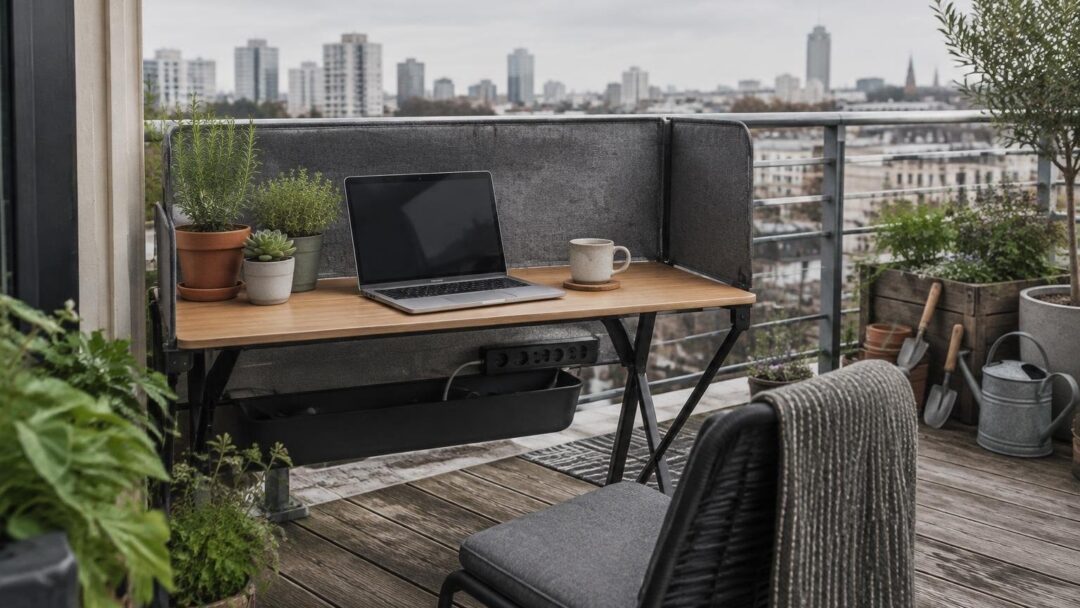 Balcone smart: micro-ufficio green con piante e privacy