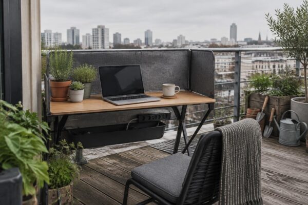 Balcone smart: micro-ufficio green con piante e privacy