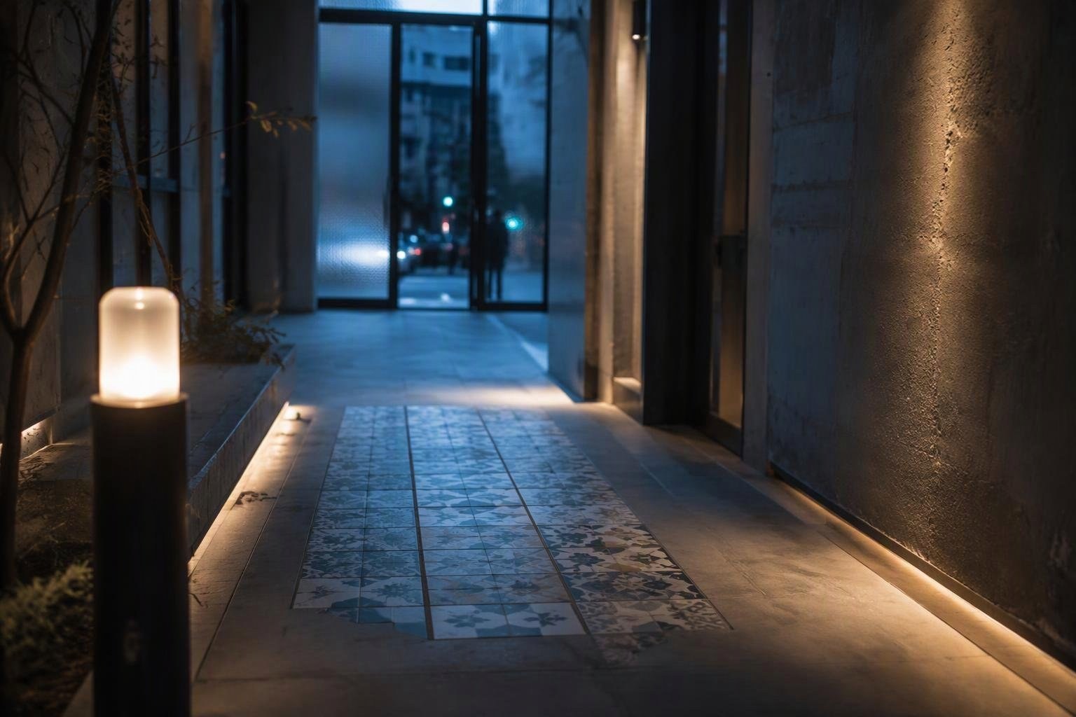 Guida all'ingresso funzionale con ceramica e cemento