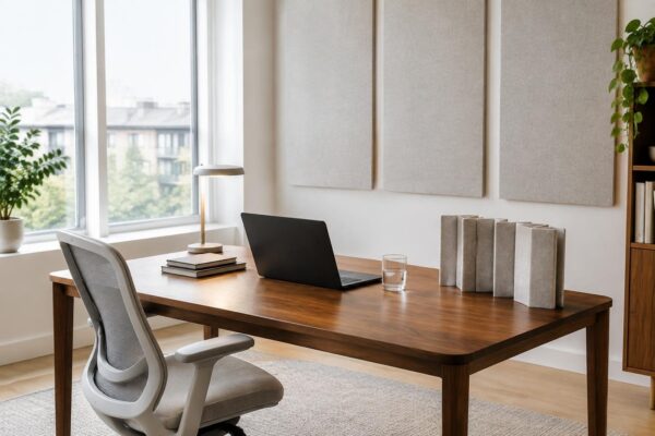 Pannelli, librerie e luce: studio domestico efficace
