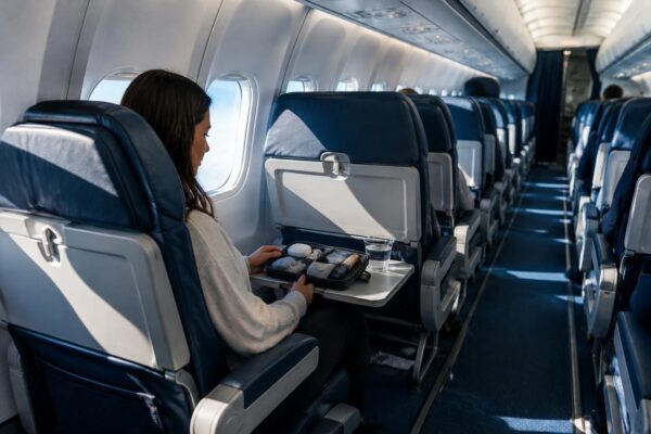 Travel tidy with Airplane Pockets tray table organizer