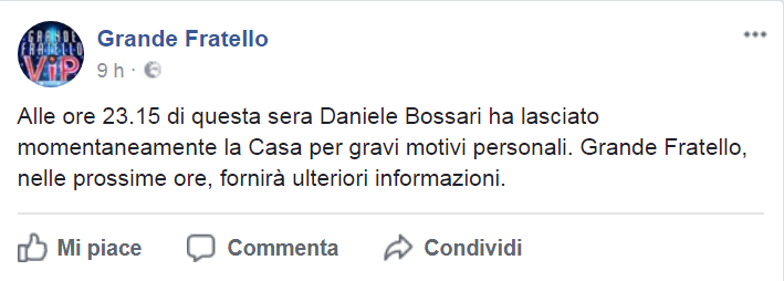 Gf Vip: Bossari &egrave; uscito dalla Casa per gravi motivi personali