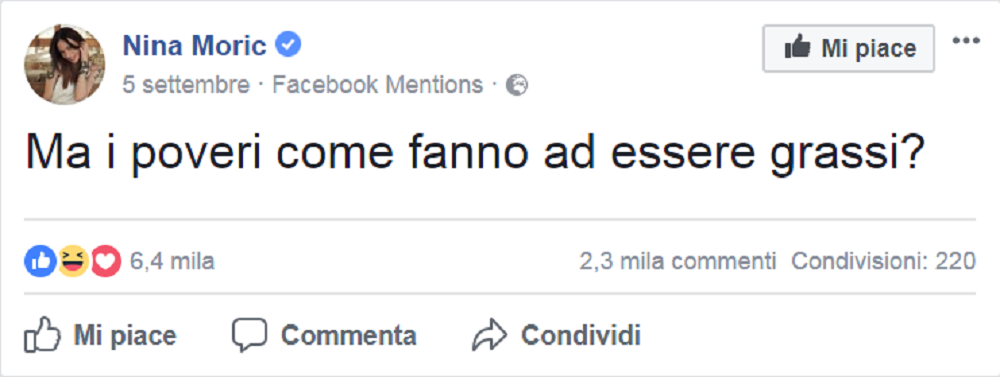 Nina Moric su Twitter: "Ma come fanno i poveri ad essere grassi?" 
