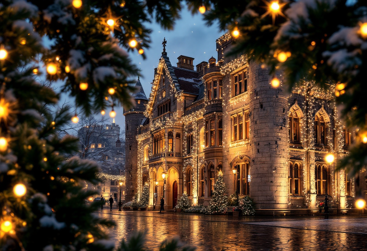 Vista del Castello di Warwick decorato per Natale