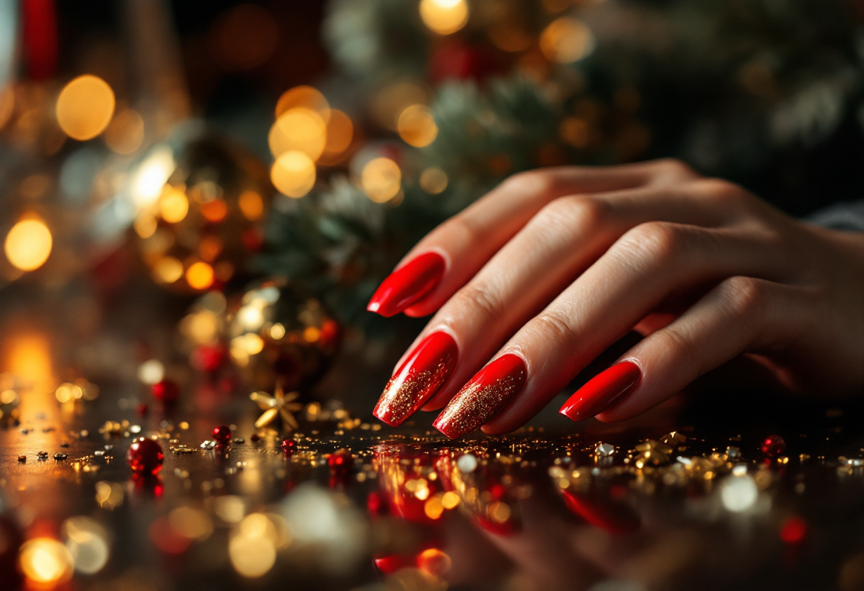 Immagine di trucco rosso e oro per le festività