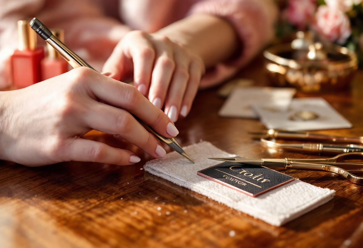 Unghie decorate in oro rosa per un look elegante