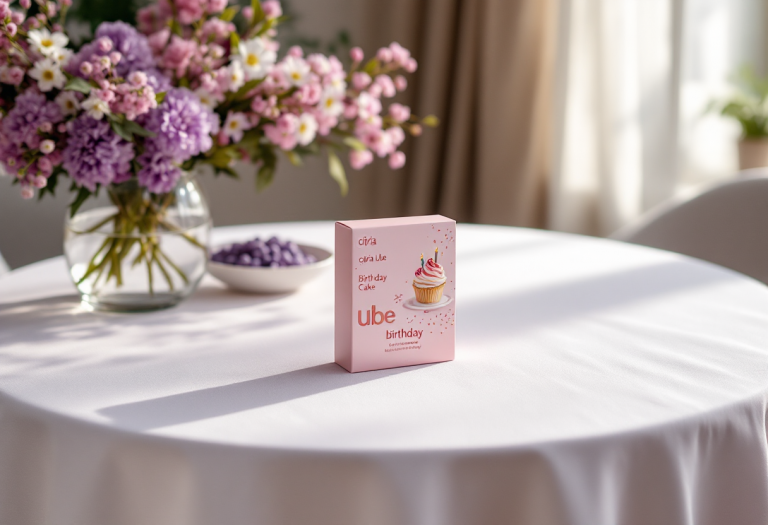 Cipria Ube Birthday Cake di Huda Beauty su sfondo colorato