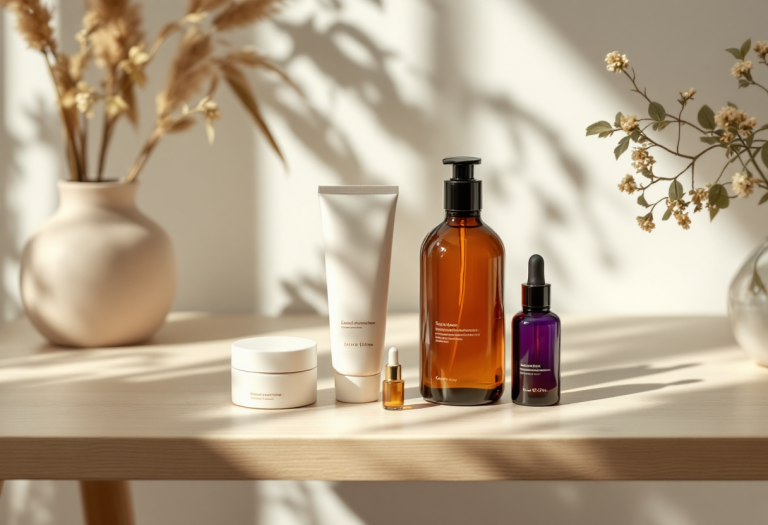 Immagine di prodotti skincare minimalisti su sfondo neutro