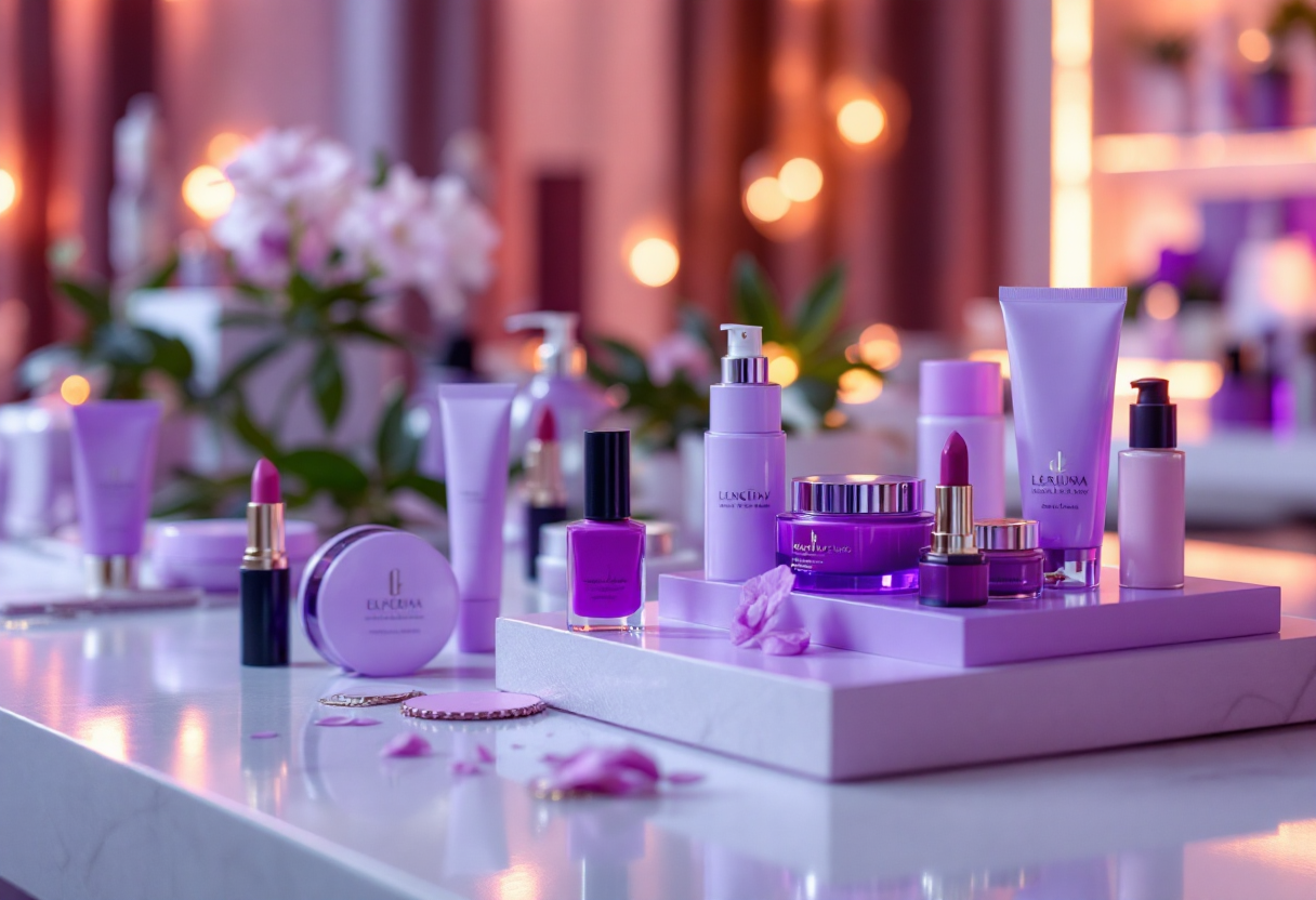 Immagine di prodotti beauty in tonalità viola per il 2025