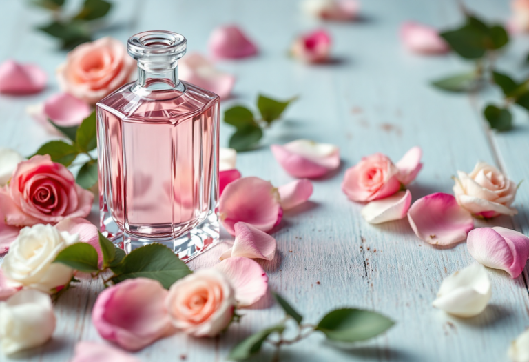 Flacone di acqua di rose su sfondo naturale