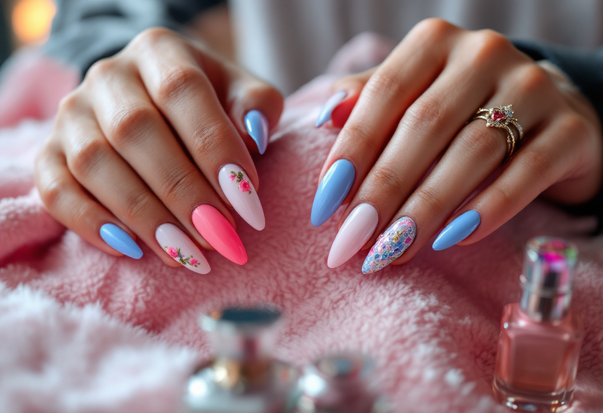 Esempio di manicure 3D colorata e creativa per primavera 2025
