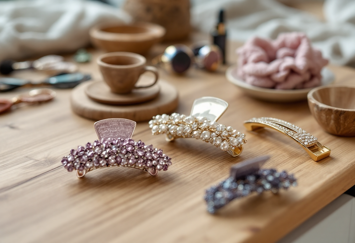 Mollette per capelli colorate e stilose su sfondo bianco