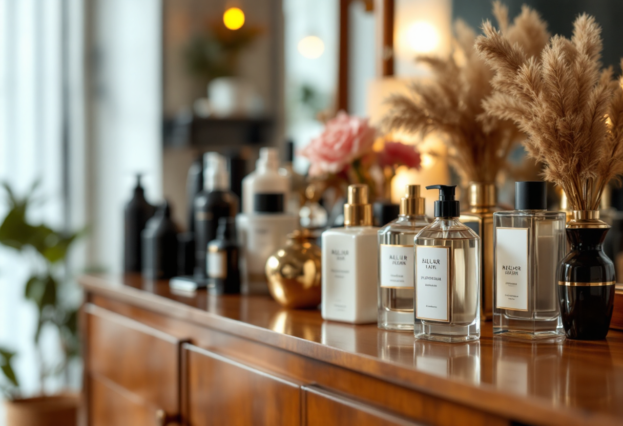 Donna che applica profumo sui capelli