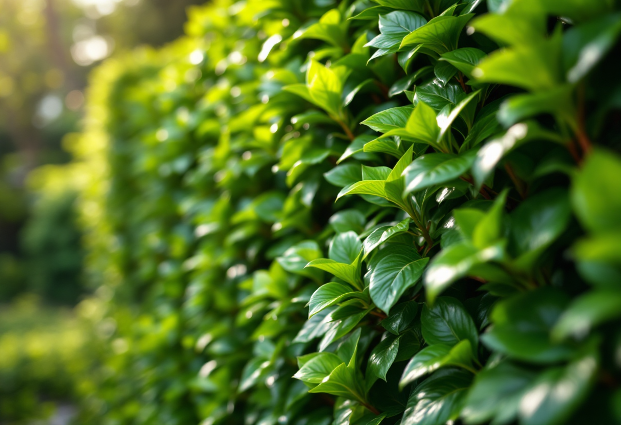 Siepe di Photinia verde rigogliosa in un giardino