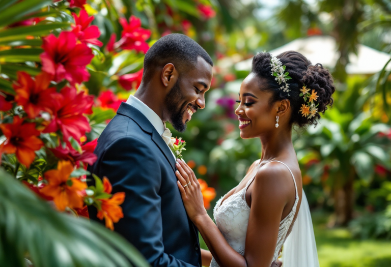 Coppia felice durante un matrimonio in Giamaica con decorazioni tradizionali