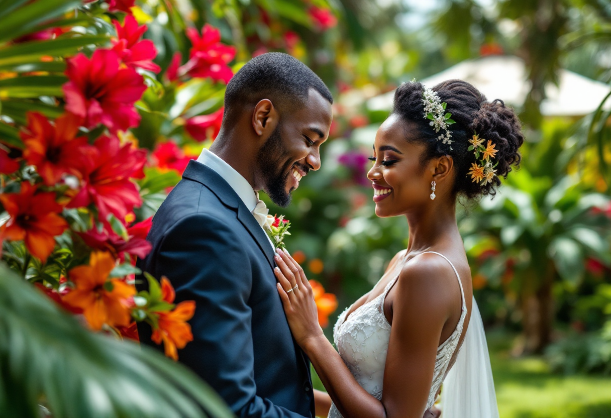 Coppia felice durante un matrimonio in Giamaica con decorazioni tradizionali