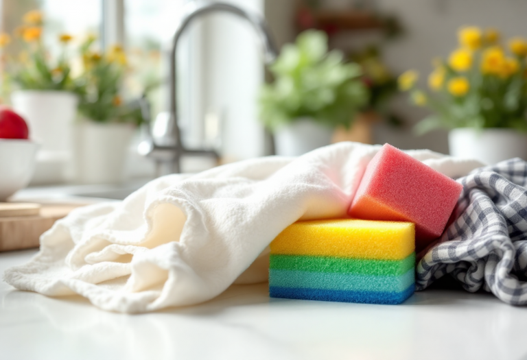 Panni e spugnette puliti su un tavolo per la pulizia domestica