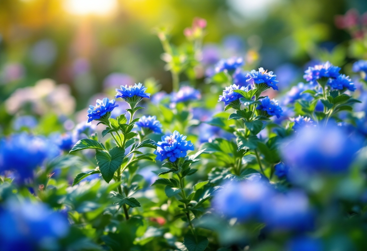 Agerato nano blu in un balcone fiorito