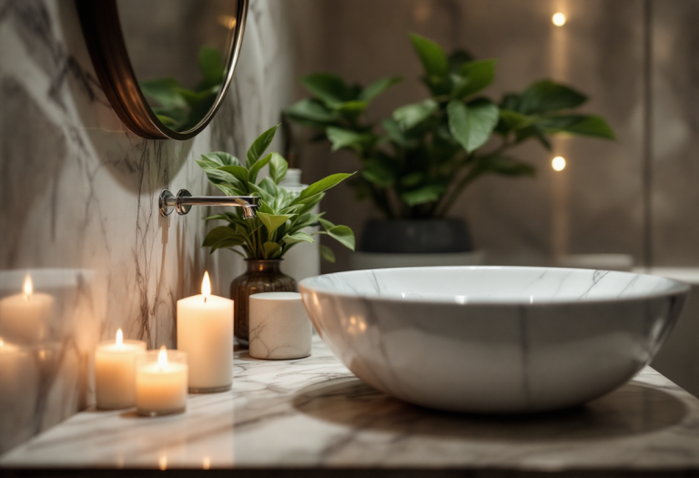 Bagno trasformato in una spa con piante e candele