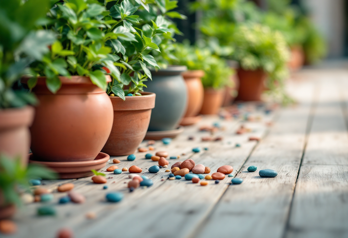 Vasi decorati con sassi colorati su un terrazzo