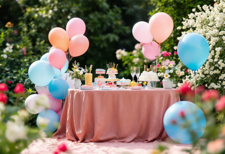 Un momento di un gender reveal party con decorazioni colorate
