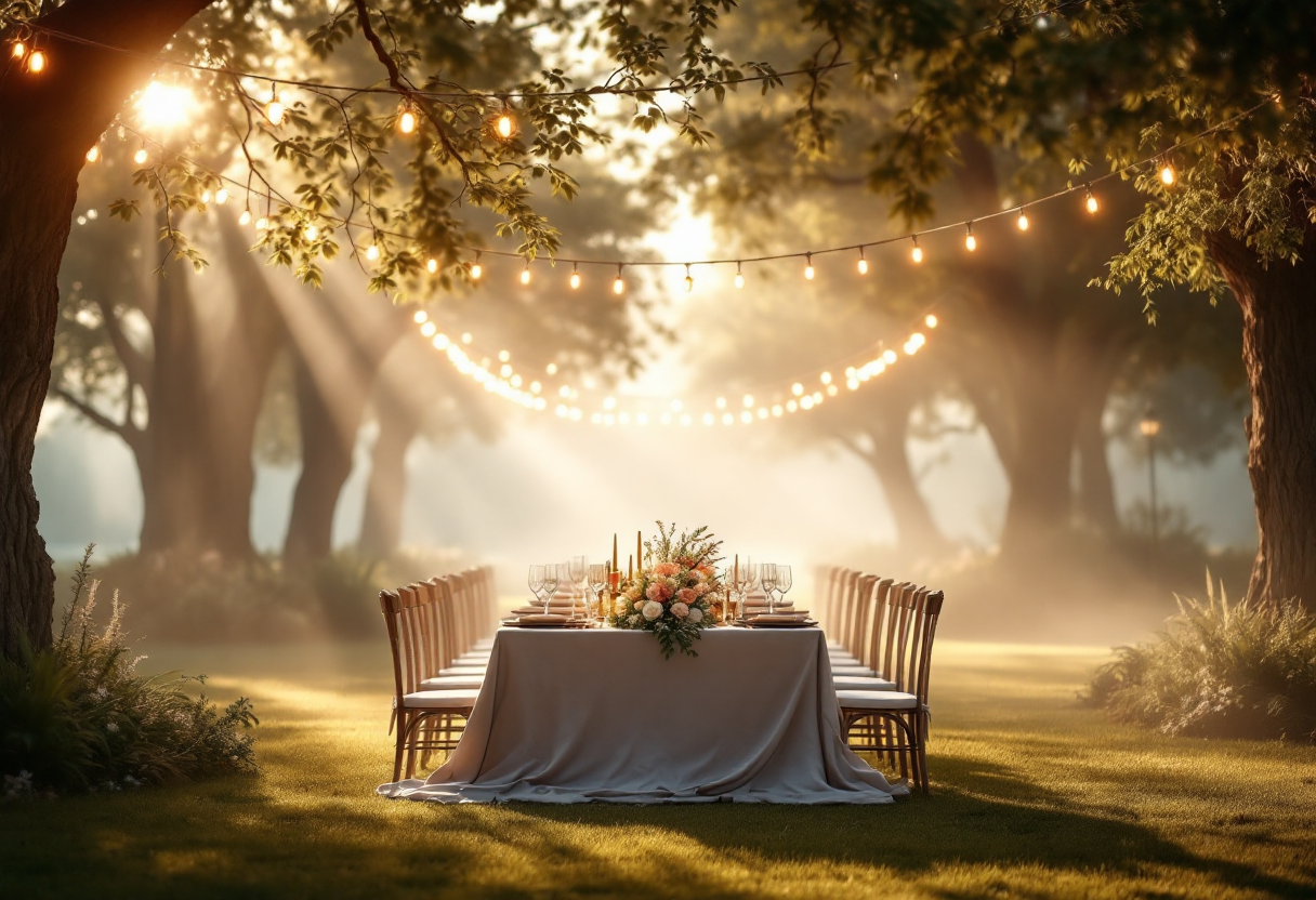 Matrimonio festivo all'aperto con decorazioni colorate