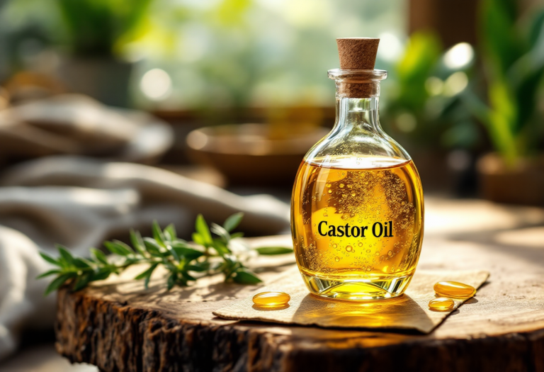 Flacone di olio di ricino con capelli lucenti sullo sfondo