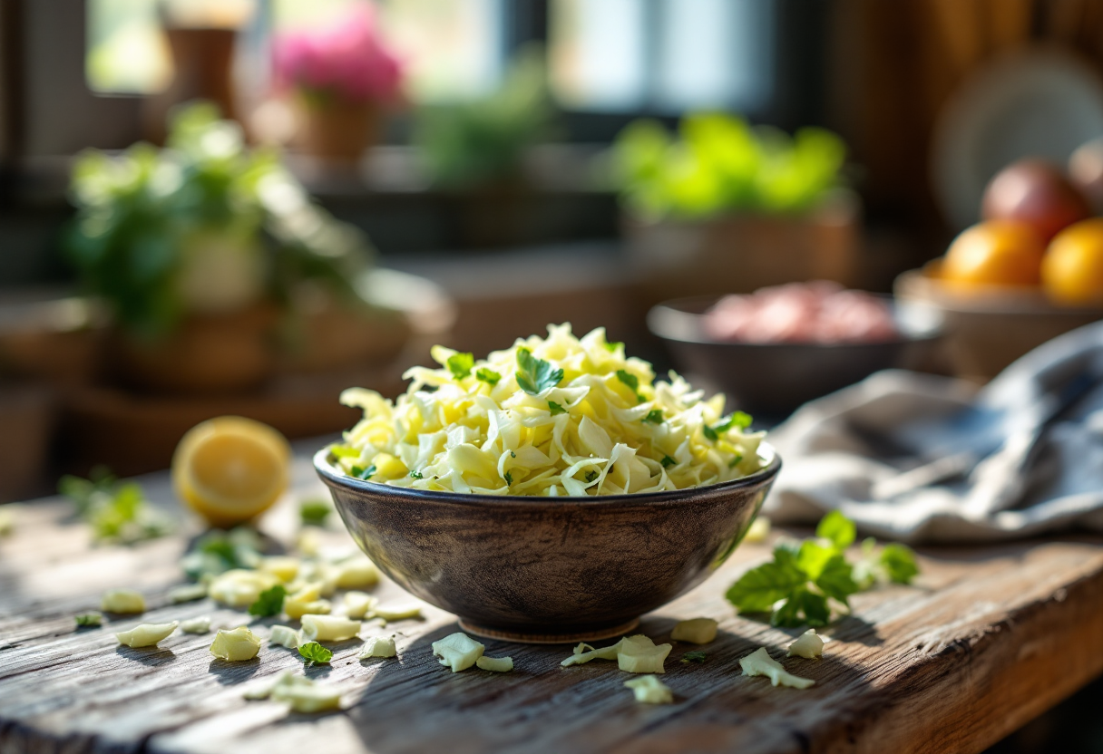 Crauti freschi in una ciotola, ricchi di probiotici