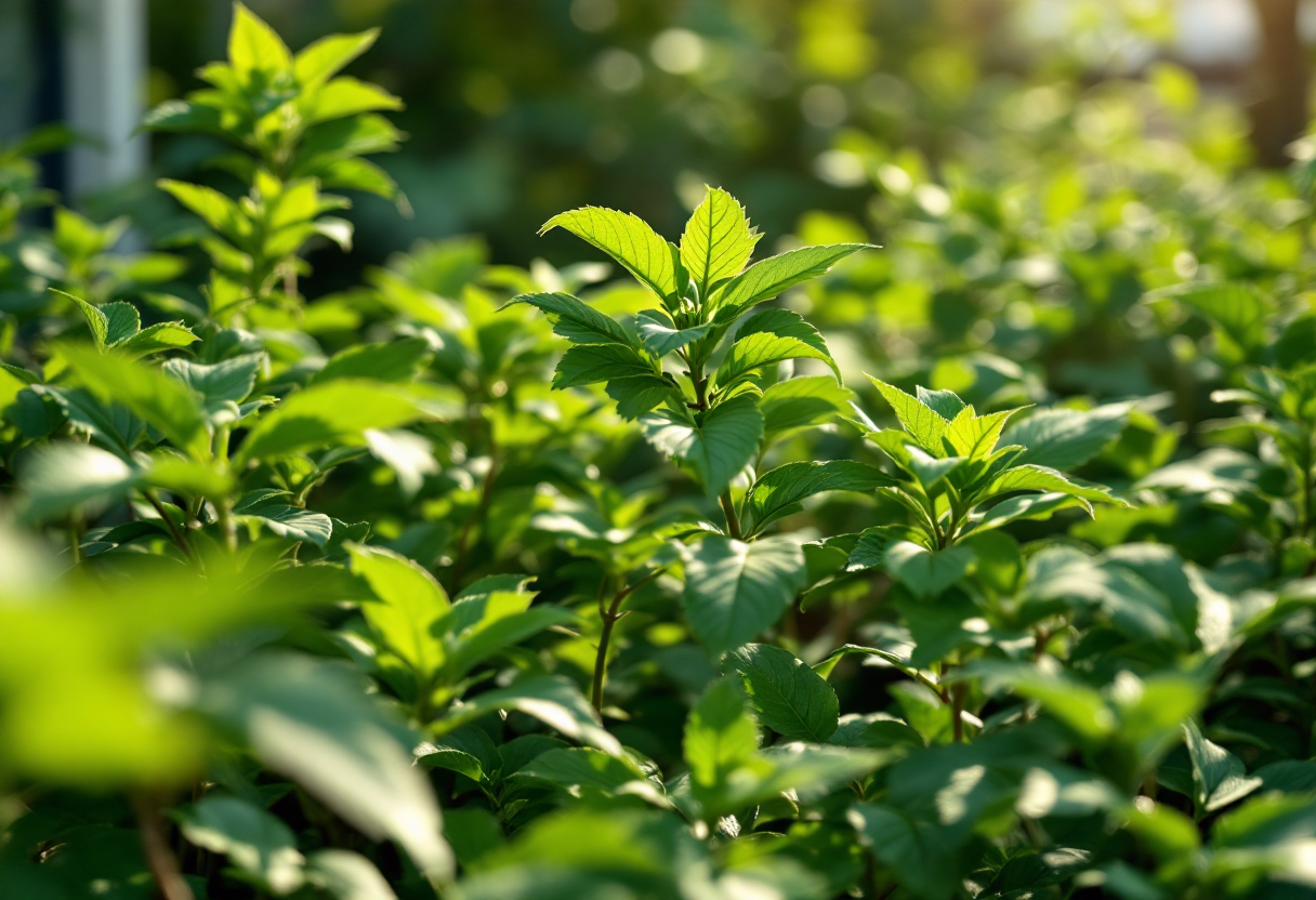Orto domestico con piante verdi e fiori colorati