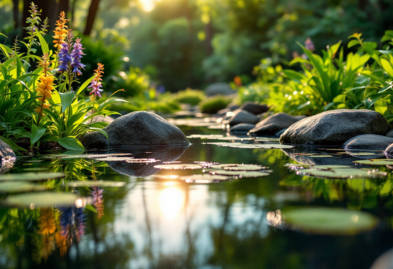 Stagno nel giardino con piante e animali acquatici