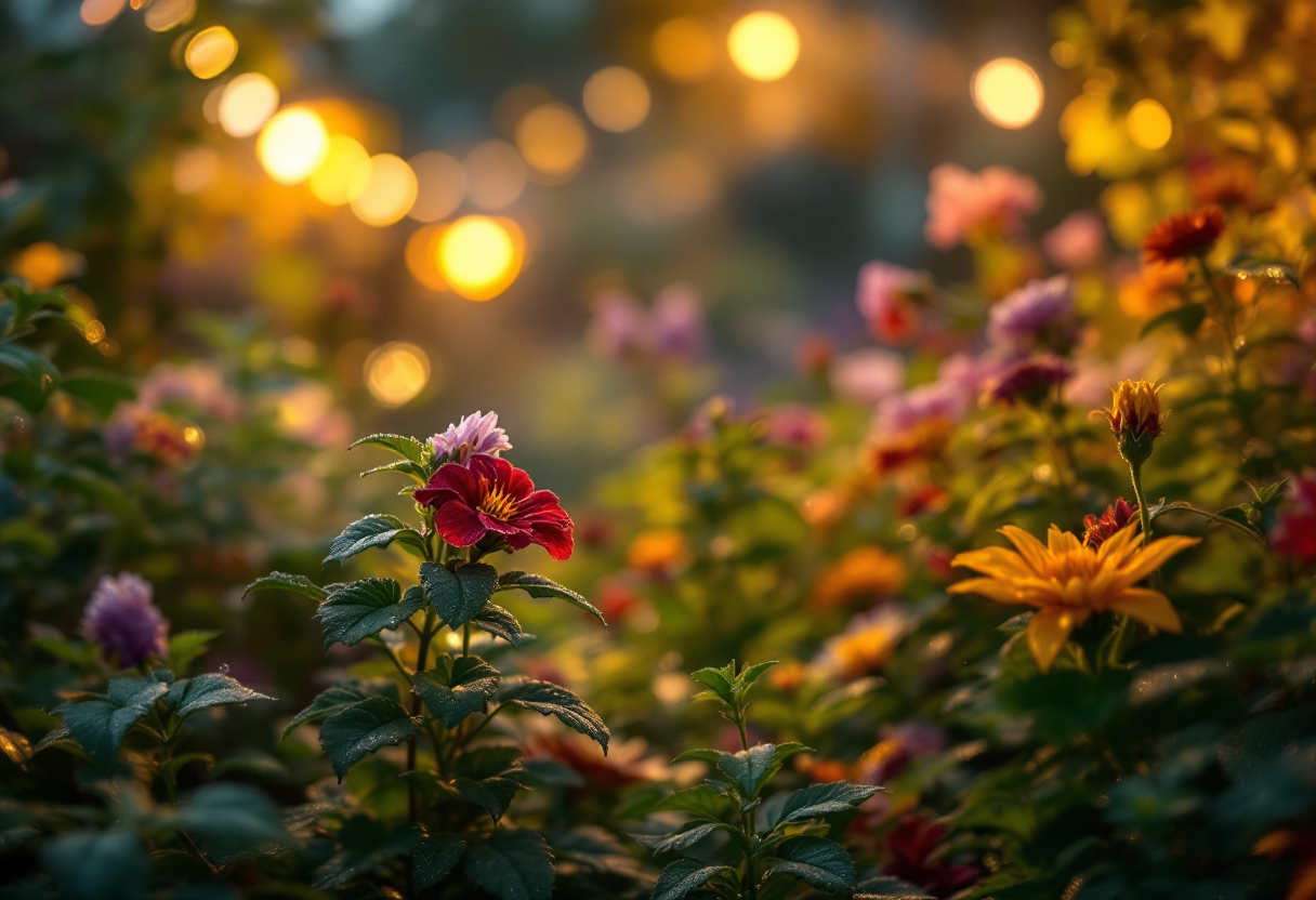 Giardino illuminato con luci decorative e piante