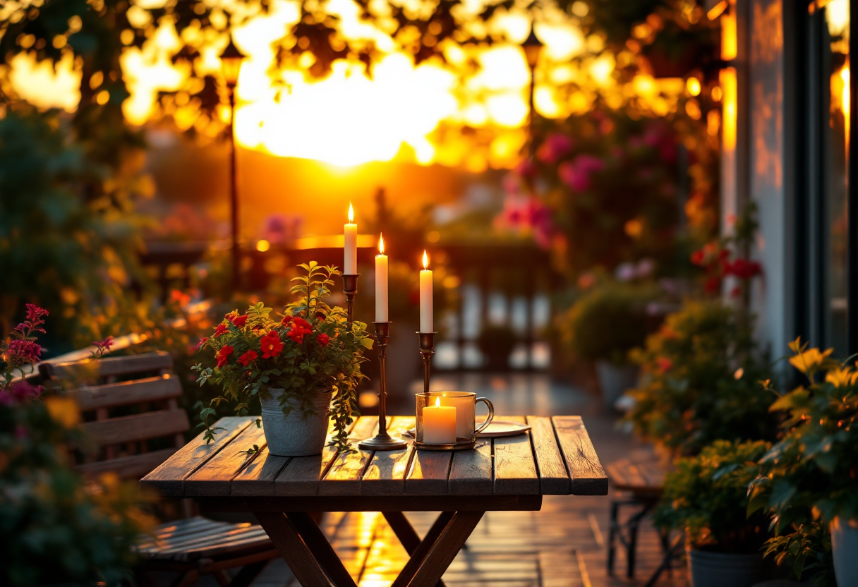 Terrazzo illuminato con luci decorative e piante