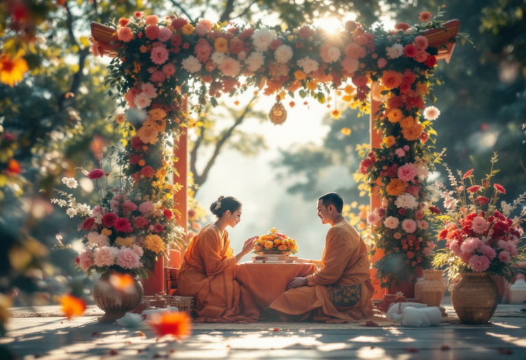 Cerimonia di matrimonio buddista con elementi tradizionali