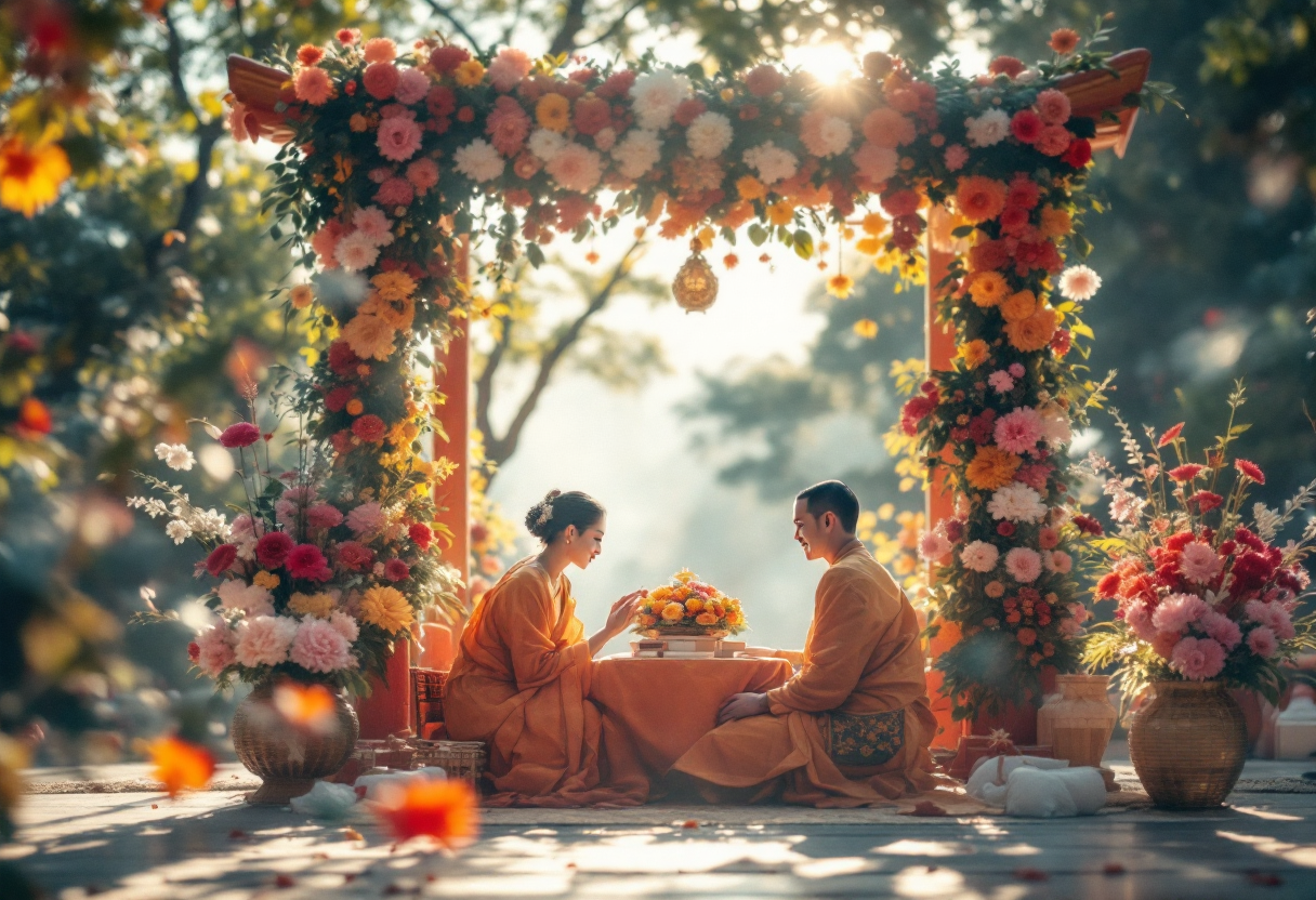 Cerimonia di matrimonio buddista con elementi tradizionali
