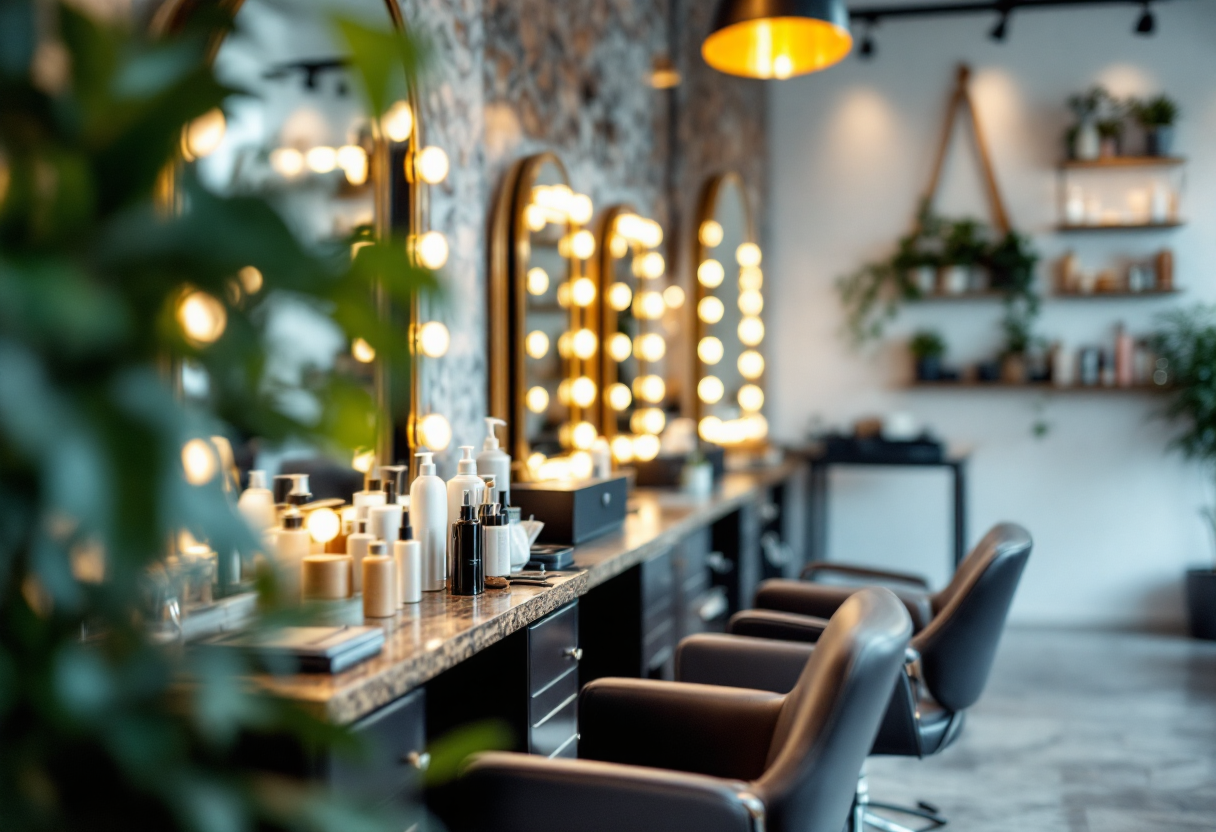 Immagine di un parrucchiere al lavoro con clienti soddisfatti