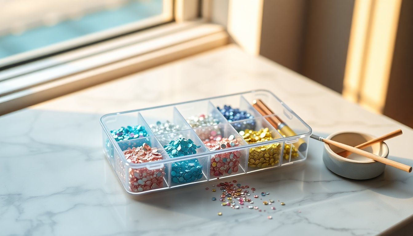 Decorazioni unghie olografiche: paillettes multicolore in scatola pratica