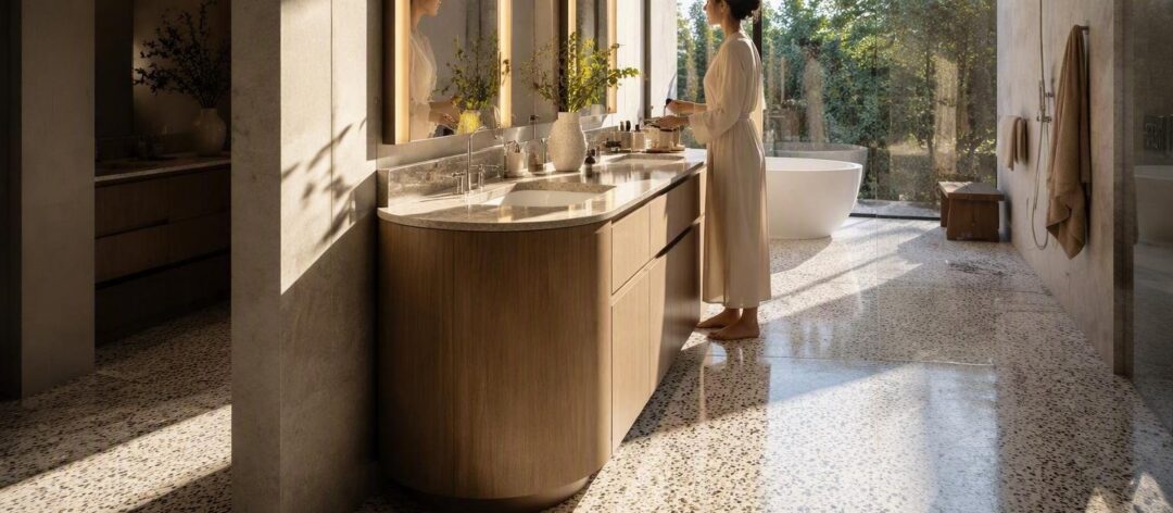 Micro-trend bagno senza tempo: finiture satin, specchi retroilluminati e terrazzo