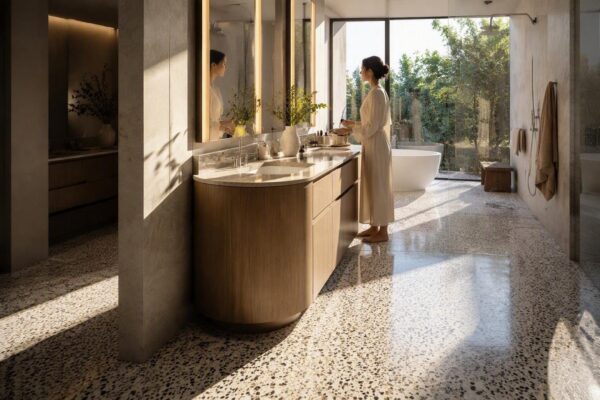 Micro-trend bagno senza tempo: finiture satin, specchi retroilluminati e terrazzo