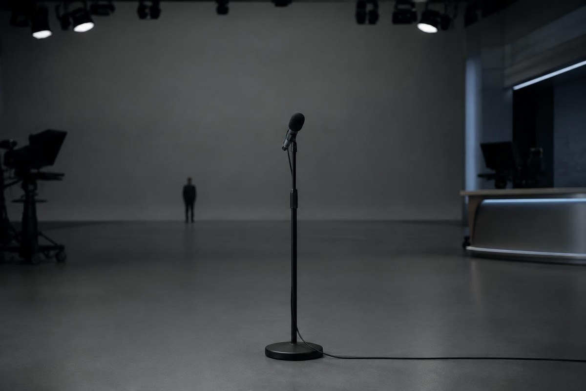 Microfono su asta al centro di uno studio televisivo vuoto