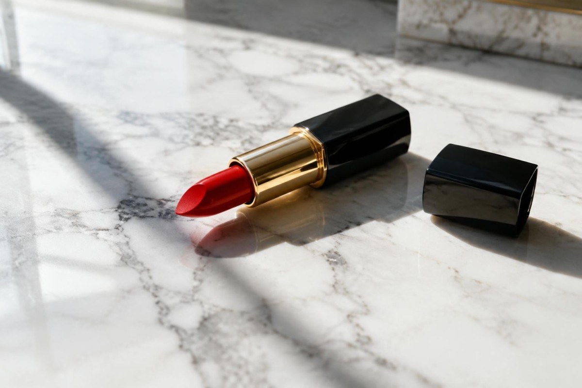 Rossetto rosso aperto su tavola di marmo