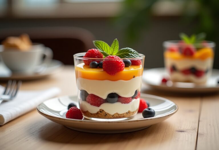 Trifle inglese con strati di crema e frutta fresca