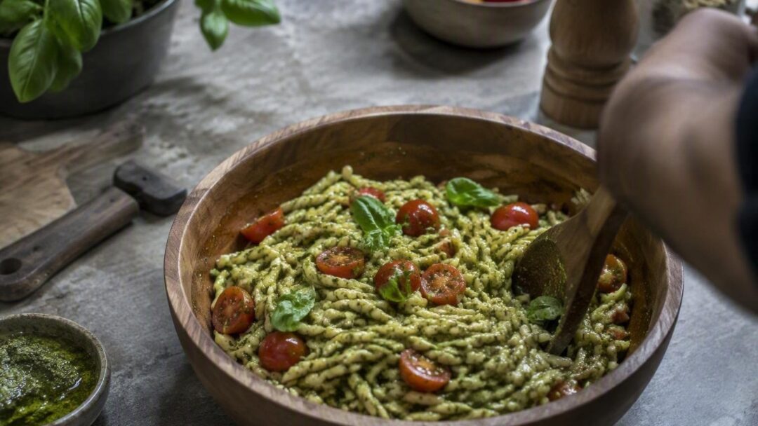 Receta fácil de pasta fría al pesto con pomodorini para el verano